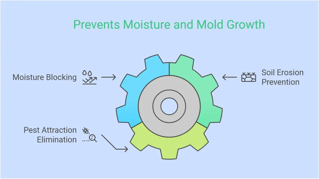 Infographic illustrating how crawl space insulation prevents moisture and mold growth, highlighting moisture blocking, pest attraction elimination, and soil erosion prevention