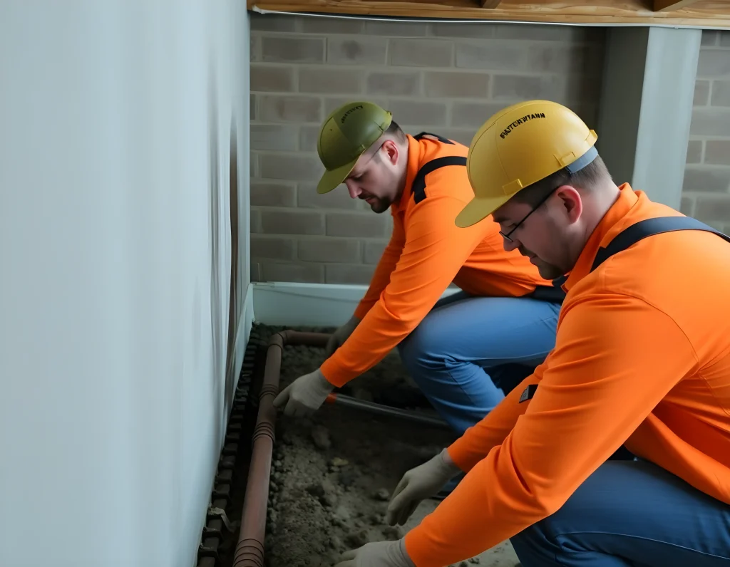 Two expert men is working on basement waterproofing project