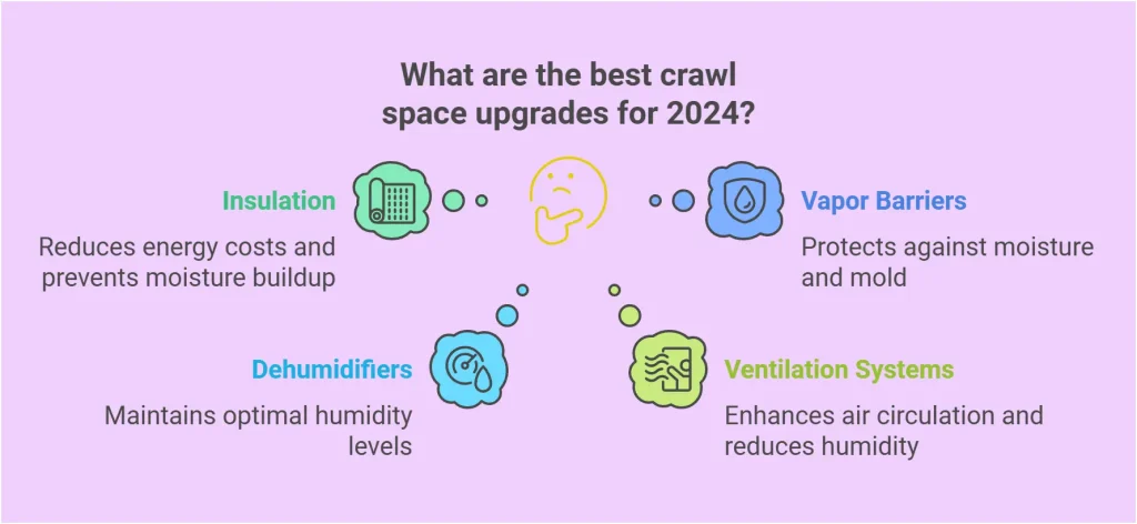 Infographic showcasing the best crawl space upgrades for 2024, including insulation to reduce energy costs, vapor barriers for moisture protection, dehumidifiers for optimal humidity, and ventilation systems for air circulation