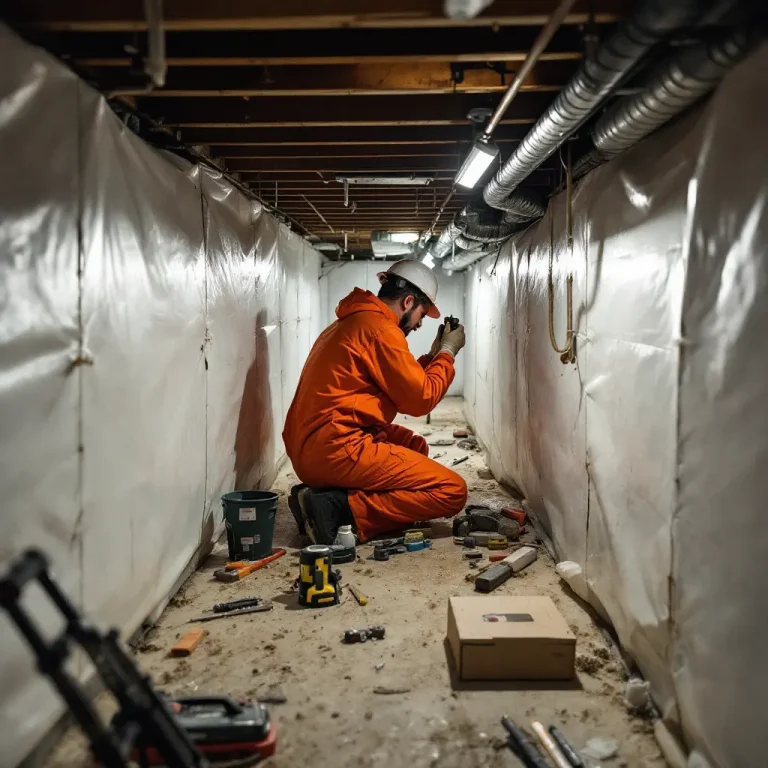 Technician working on crawl space encapsulation, surrounded by tools and materials, with insulated walls and pipes in a confined area