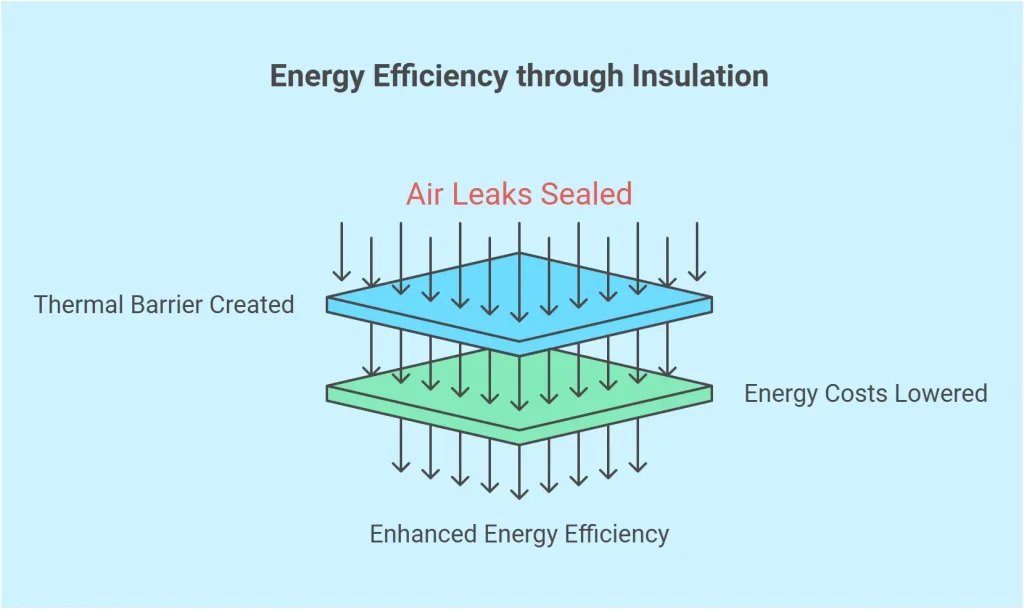 "Infographic illustrating energy efficiency through insulation, showing layers labeled as 'Air Leaks Sealed,' 'Thermal Barrier Created,' and 'Energy Costs Lowered,' with arrows emphasizing reduced energy loss and enhanced energy efficiency."