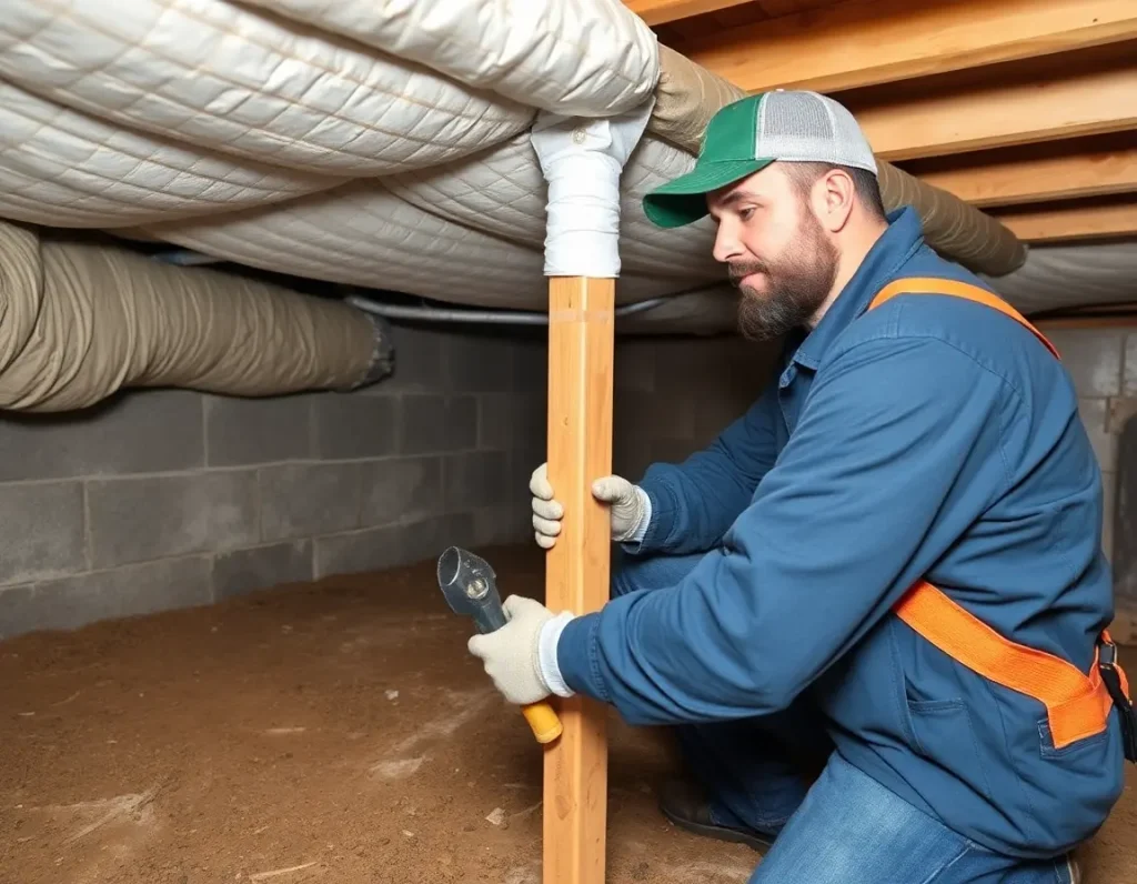 Contractor installing support beam in a crawl space with insulation on the ceiling, wearing a green cap, blue uniform, and safety harness