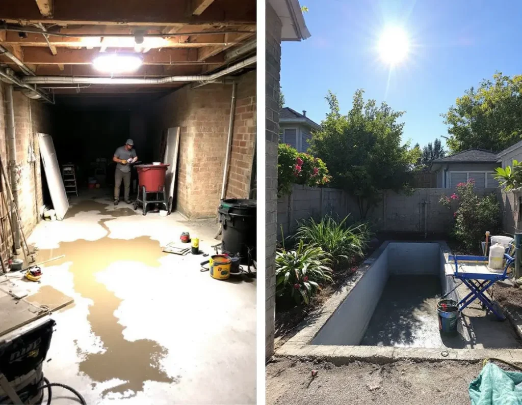 Left Side: "Interior basement repair with a worker applying cement to fix cracks and leaks." Right Side: "Exterior backyard renovation showing a partially repaired concrete pool under the sunlight."